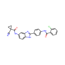 N#CC1(C(=O)Nc2ccc3[nH]c(-c4ccc(NC(=O)c5ccccc5Cl)cc4)nc3c2)CC1 ZINC000038147887