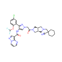 N#CC1(CN2C[C@H]3CN(C(=O)Cn4cc(NC(=O)c5cnn6cccnc56)c(-c5cc(Cl)ccc5OC(F)F)n4)C[C@H]3C2)CCCCC1 ZINC001772635879