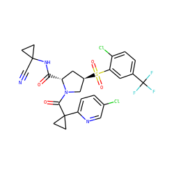 N#CC1(NC(=O)[C@@H]2C[C@@H](S(=O)(=O)c3cc(C(F)(F)F)ccc3Cl)CN2C(=O)C2(c3ccc(Cl)cn3)CC2)CC1 ZINC000145616184