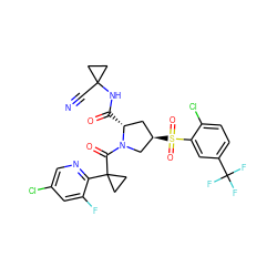 N#CC1(NC(=O)[C@@H]2C[C@@H](S(=O)(=O)c3cc(C(F)(F)F)ccc3Cl)CN2C(=O)C2(c3ncc(Cl)cc3F)CC2)CC1 ZINC000211107259