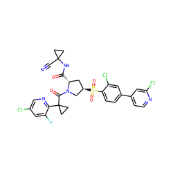 N#CC1(NC(=O)[C@@H]2C[C@@H](S(=O)(=O)c3ccc(-c4ccnc(Cl)c4)cc3Cl)CN2C(=O)C2(c3ncc(Cl)cc3F)CC2)CC1 ZINC000211107390