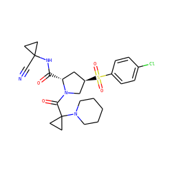 N#CC1(NC(=O)[C@@H]2C[C@@H](S(=O)(=O)c3ccc(Cl)cc3)CN2C(=O)C2(N3CCCCC3)CC2)CC1 ZINC000169705357