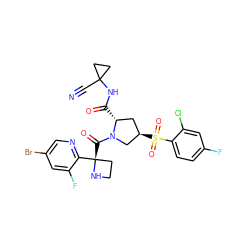 N#CC1(NC(=O)[C@@H]2C[C@@H](S(=O)(=O)c3ccc(F)cc3Cl)CN2C(=O)[C@@]2(c3ncc(Br)cc3F)CCN2)CC1 ZINC000169705933