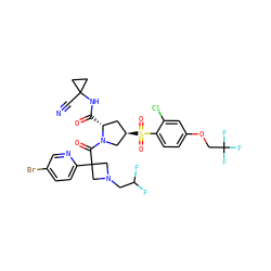 N#CC1(NC(=O)[C@@H]2C[C@@H](S(=O)(=O)c3ccc(OCC(F)(F)F)cc3Cl)CN2C(=O)C2(c3ccc(Br)cn3)CN(CC(F)F)C2)CC1 ZINC000169705918