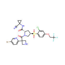 N#CC1(NC(=O)[C@@H]2C[C@@H](S(=O)(=O)c3ccc(OCC(F)(F)F)cc3Cl)CN2C(=O)C2(c3ccc(Br)cn3)CNC2)CC1 ZINC000169705916