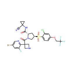 N#CC1(NC(=O)[C@@H]2C[C@@H](S(=O)(=O)c3ccc(OCC(F)(F)F)cc3Cl)CN2C(=O)C2(c3ncc(Br)cc3F)CNC2)CC1 ZINC000169705923