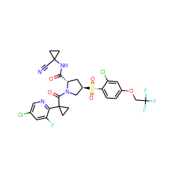 N#CC1(NC(=O)[C@@H]2C[C@@H](S(=O)(=O)c3ccc(OCC(F)(F)F)cc3Cl)CN2C(=O)C2(c3ncc(Cl)cc3F)CC2)CC1 ZINC000211073993