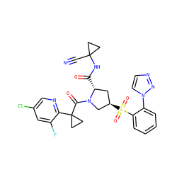 N#CC1(NC(=O)[C@@H]2C[C@@H](S(=O)(=O)c3ccccc3-n3ccnn3)CN2C(=O)C2(c3ncc(Cl)cc3F)CC2)CC1 ZINC000145521403