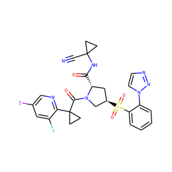 N#CC1(NC(=O)[C@@H]2C[C@@H](S(=O)(=O)c3ccccc3-n3ccnn3)CN2C(=O)C2(c3ncc(I)cc3F)CC2)CC1 ZINC000211029541