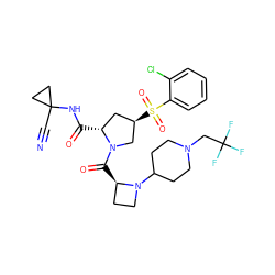 N#CC1(NC(=O)[C@@H]2C[C@@H](S(=O)(=O)c3ccccc3Cl)CN2C(=O)[C@@H]2CCN2C2CCN(CC(F)(F)F)CC2)CC1 ZINC000169705296