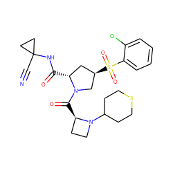 N#CC1(NC(=O)[C@@H]2C[C@@H](S(=O)(=O)c3ccccc3Cl)CN2C(=O)[C@@H]2CCN2C2CCSCC2)CC1 ZINC000169705302