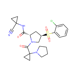 N#CC1(NC(=O)[C@@H]2C[C@@H](S(=O)(=O)c3ccccc3Cl)CN2C(=O)C2(N3CCCC3)CC2)CC1 ZINC000169705337