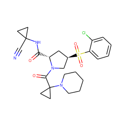 N#CC1(NC(=O)[C@@H]2C[C@@H](S(=O)(=O)c3ccccc3Cl)CN2C(=O)C2(N3CCCCC3)CC2)CC1 ZINC000169705333