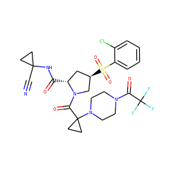 N#CC1(NC(=O)[C@@H]2C[C@@H](S(=O)(=O)c3ccccc3Cl)CN2C(=O)C2(N3CCN(C(=O)C(F)(F)F)CC3)CC2)CC1 ZINC000169705344