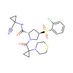 N#CC1(NC(=O)[C@@H]2C[C@@H](S(=O)(=O)c3ccccc3Cl)CN2C(=O)C2(N3CCSCC3)CC2)CC1 ZINC000169705336