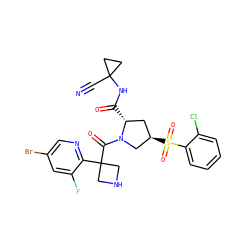 N#CC1(NC(=O)[C@@H]2C[C@@H](S(=O)(=O)c3ccccc3Cl)CN2C(=O)C2(c3ncc(Br)cc3F)CNC2)CC1 ZINC000147732627