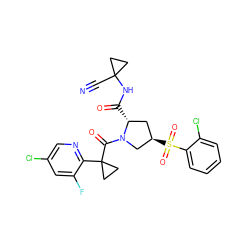 N#CC1(NC(=O)[C@@H]2C[C@@H](S(=O)(=O)c3ccccc3Cl)CN2C(=O)C2(c3ncc(Cl)cc3F)CC2)CC1 ZINC000211073942