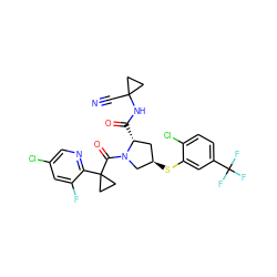 N#CC1(NC(=O)[C@@H]2C[C@@H](Sc3cc(C(F)(F)F)ccc3Cl)CN2C(=O)C2(c3ncc(Cl)cc3F)CC2)CC1 ZINC000145662149