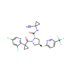 N#CC1(NC(=O)[C@@H]2C[C@@H](Sc3ccc(C(F)(F)F)cn3)CN2C(=O)C2(c3ncc(Cl)cc3F)CC2)CC1 ZINC000145615966