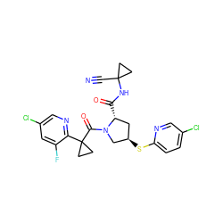 N#CC1(NC(=O)[C@@H]2C[C@@H](Sc3ccc(Cl)cn3)CN2C(=O)C2(c3ncc(Cl)cc3F)CC2)CC1 ZINC000211092352