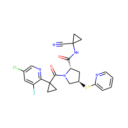 N#CC1(NC(=O)[C@@H]2C[C@@H](Sc3ccccn3)CN2C(=O)C2(c3ncc(Cl)cc3F)CC2)CC1 ZINC000211080656