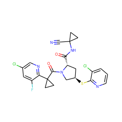 N#CC1(NC(=O)[C@@H]2C[C@@H](Sc3ncccc3Cl)CN2C(=O)C2(c3ncc(Cl)cc3F)CC2)CC1 ZINC000211080603