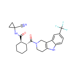 N#CC1(NC(=O)[C@@H]2CCCC[C@H]2C(=O)N2CCc3[nH]c4ccc(C(F)(F)F)cc4c3C2)CC1 ZINC000095556473