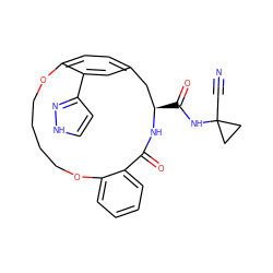 N#CC1(NC(=O)[C@@H]2Cc3ccc(c(-c4cc[nH]n4)c3)OCCCCOc3ccccc3C(=O)N2)CC1 ZINC001772571806