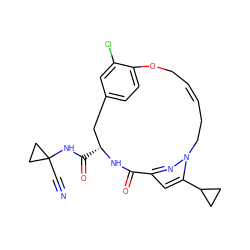 N#CC1(NC(=O)[C@@H]2Cc3ccc(c(Cl)c3)OC/C=C/CCn3nc(cc3C3CC3)C(=O)N2)CC1 ZINC001772634113