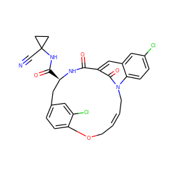 N#CC1(NC(=O)[C@@H]2Cc3ccc(c(Cl)c3)OC/C=C/Cn3c(=O)c(cc4cc(Cl)ccc43)C(=O)N2)CC1 ZINC001772589582