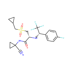 N#CC1(NC(=O)[C@H](CS(=O)(=O)CC2CC2)N[C@@H](c2ccc(F)cc2)C(F)(F)F)CC1 ZINC000014971148