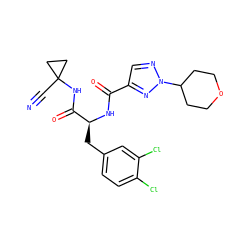 N#CC1(NC(=O)[C@H](Cc2ccc(Cl)c(Cl)c2)NC(=O)c2cnn(C3CCOCC3)n2)CC1 ZINC001772631692