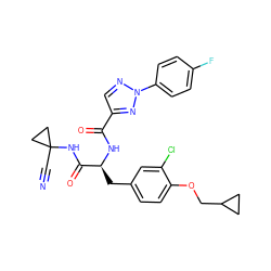 N#CC1(NC(=O)[C@H](Cc2ccc(OCC3CC3)c(Cl)c2)NC(=O)c2cnn(-c3ccc(F)cc3)n2)CC1 ZINC001772626976