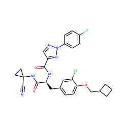 N#CC1(NC(=O)[C@H](Cc2ccc(OCC3CCC3)c(Cl)c2)NC(=O)c2cnn(-c3ccc(F)cc3)n2)CC1 ZINC001772578148