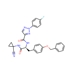 N#CC1(NC(=O)[C@H](Cc2ccc(OCc3ccccc3)cc2)NC(=O)c2cnn(-c3ccc(F)cc3)n2)CC1 ZINC001772618438