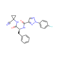 N#CC1(NC(=O)[C@H](Cc2ccccc2)NC(=O)c2cnn(-c3ccc(F)cc3)n2)CC1 ZINC001772587965