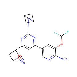 N#CC1(c2cc(-c3cnc(N)c(OC(F)F)c3)nc(N3CC4CC3C4)n2)CCC1 ZINC000221217133