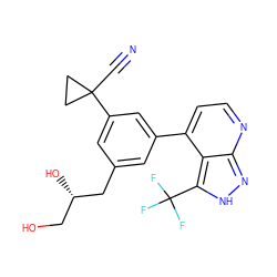 N#CC1(c2cc(C[C@@H](O)CO)cc(-c3ccnc4n[nH]c(C(F)(F)F)c34)c2)CC1 ZINC000230463554