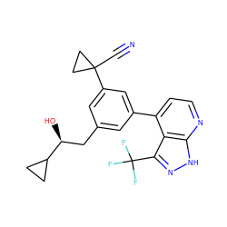 N#CC1(c2cc(C[C@H](O)C3CC3)cc(-c3ccnc4[nH]nc(C(F)(F)F)c34)c2)CC1 ZINC000299836871