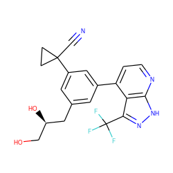 N#CC1(c2cc(C[C@H](O)CO)cc(-c3ccnc4[nH]nc(C(F)(F)F)c34)c2)CC1 ZINC000299836896