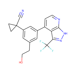 N#CC1(c2cc(CCO)cc(-c3ccnc4[nH]nc(C(F)(F)F)c34)c2)CC1 ZINC000167037911