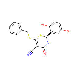 N#CC1=C(SCc2ccccc2)S[C@@H](c2cc(O)ccc2O)NC1=O ZINC000084620159