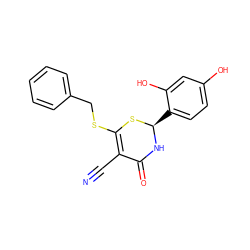 N#CC1=C(SCc2ccccc2)S[C@@H](c2ccc(O)cc2O)NC1=O ZINC000084619605