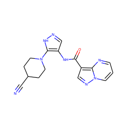 N#CC1CCN(c2[nH]ncc2NC(=O)c2cnn3cccnc23)CC1 ZINC000145150121