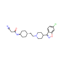 N#CCC(=O)N[C@H]1CC[C@H](CCN2CCC(c3noc4cc(Cl)ccc34)CC2)CC1 ZINC001772609111