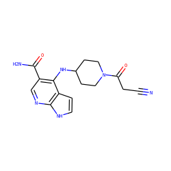 N#CCC(=O)N1CCC(Nc2c(C(N)=O)cnc3[nH]ccc23)CC1 ZINC000118034024