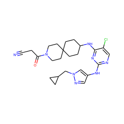 N#CCC(=O)N1CCC2(CCC(Nc3nc(Nc4cnn(CC5CC5)c4)ncc3Cl)CC2)CC1 ZINC001772576412