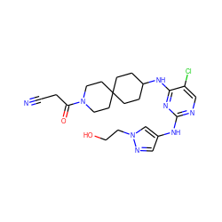 N#CCC(=O)N1CCC2(CCC(Nc3nc(Nc4cnn(CCO)c4)ncc3Cl)CC2)CC1 ZINC001772628053