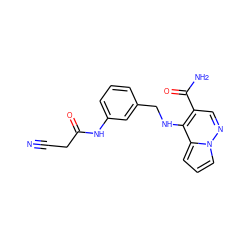 N#CCC(=O)Nc1cccc(CNc2c(C(N)=O)cnn3cccc23)c1 ZINC001772651832