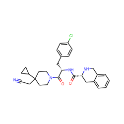 N#CCC1(C2CC2)CCN(C(=O)[C@H](Cc2ccc(Cl)cc2)NC(=O)[C@H]2Cc3ccccc3CN2)CC1 ZINC000028949818